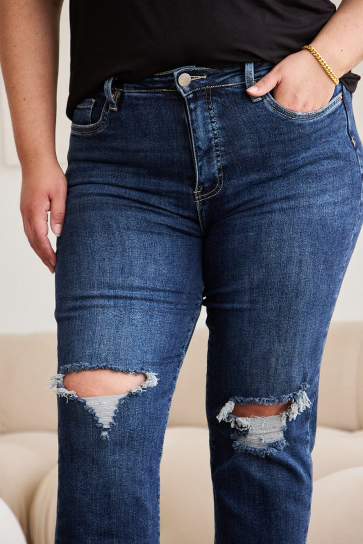 RFM Crop Dylan Full Size Tummy Control Distressed High Waist Raw Hem Jeans - Bottoms