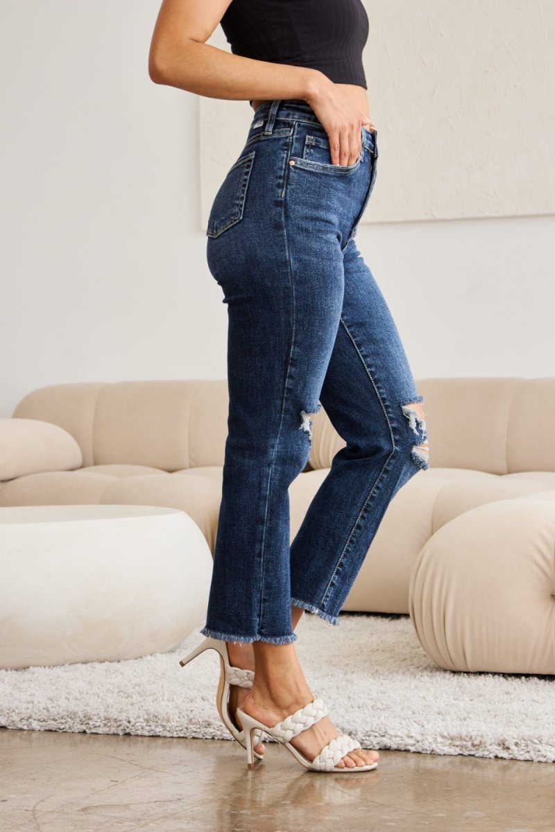 RFM Crop Dylan Full Size Tummy Control Distressed High Waist Raw Hem Jeans - Bottoms