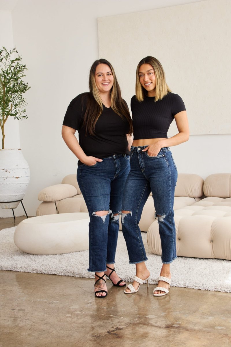 RFM Crop Dylan Full Size Tummy Control Distressed High Waist Raw Hem Jeans - Bottoms