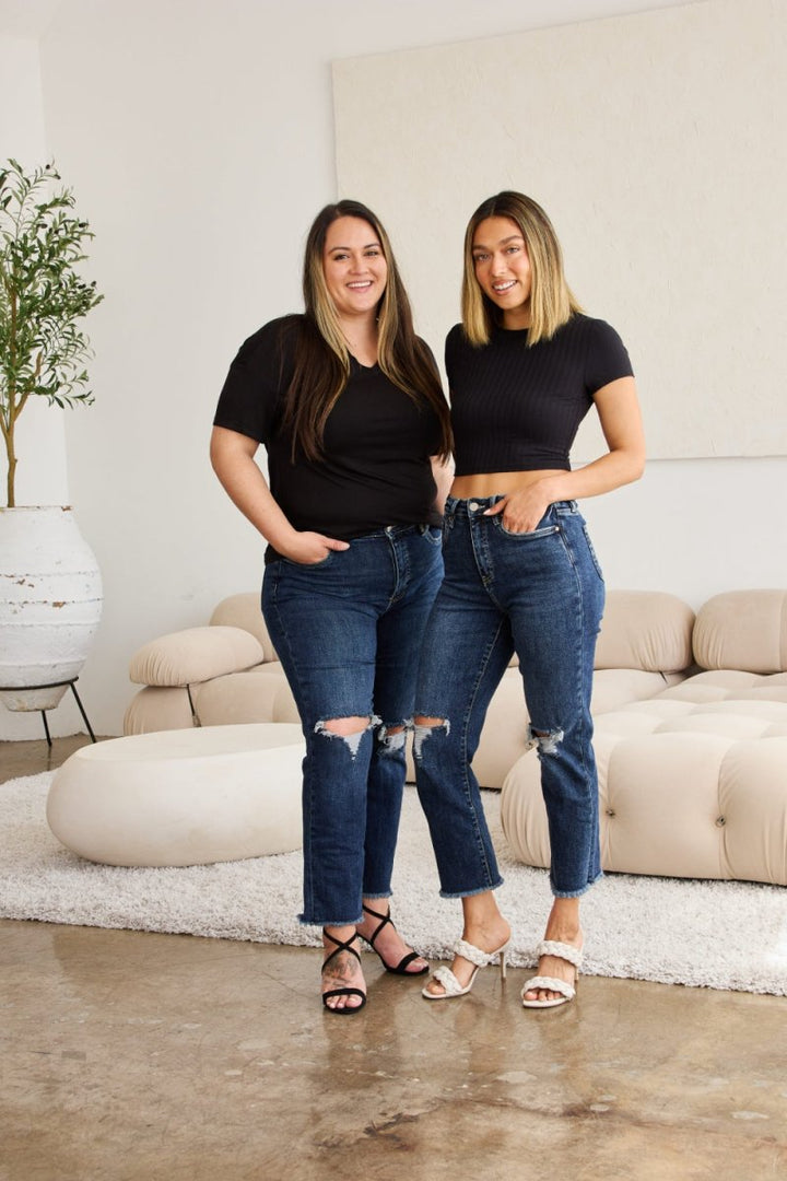 RFM Crop Dylan Full Size Tummy Control Distressed High Waist Raw Hem Jeans - Bottoms