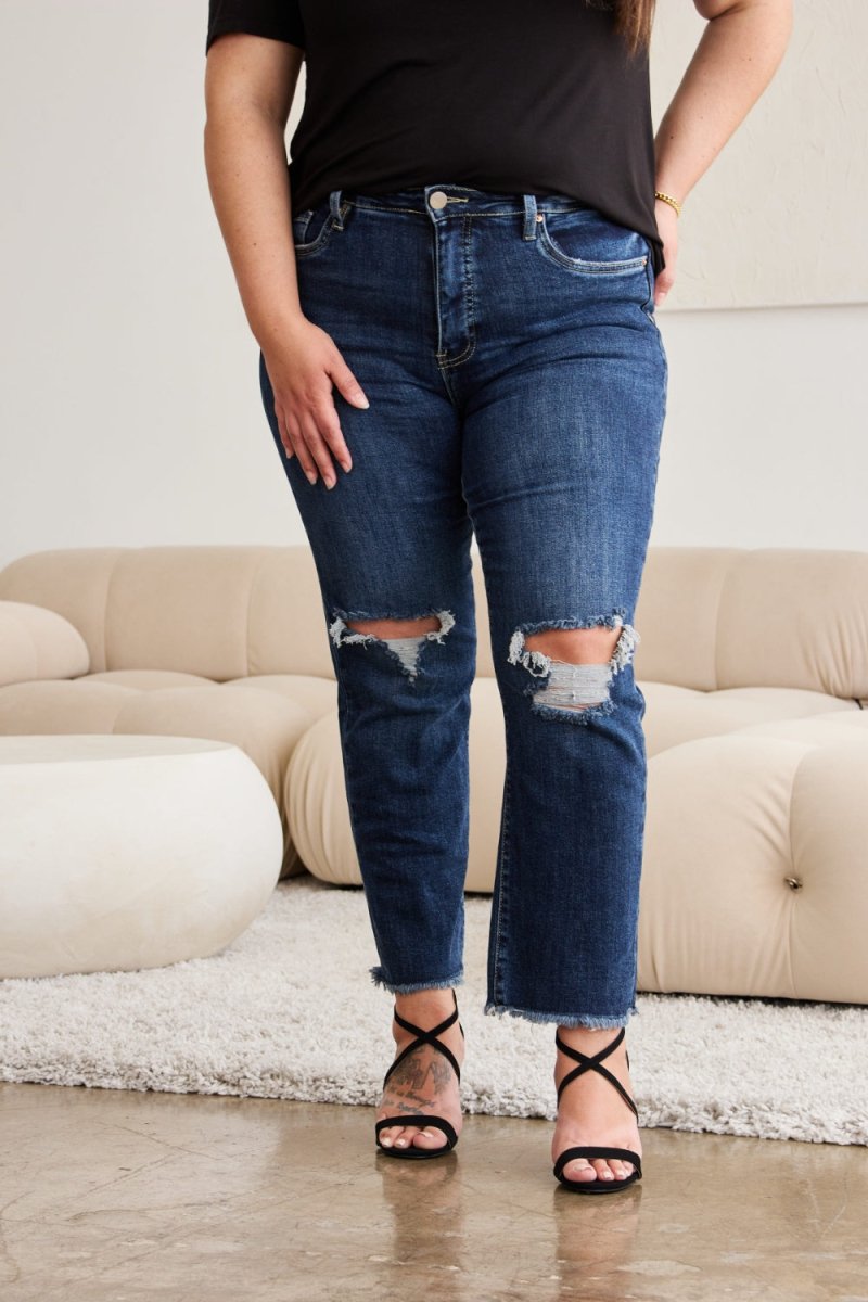 RFM Crop Dylan Full Size Tummy Control Distressed High Waist Raw Hem Jeans - Bottoms