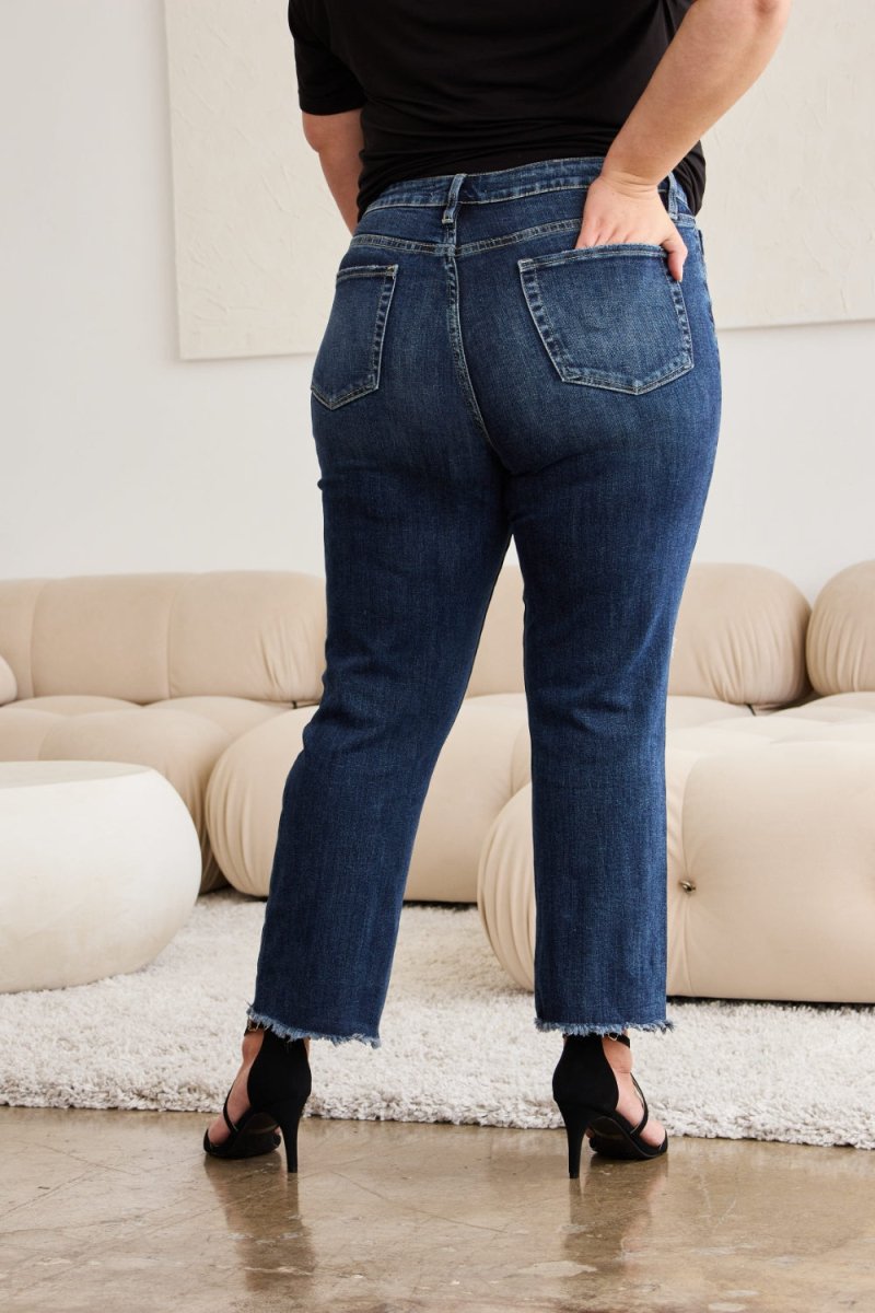 RFM Crop Dylan Full Size Tummy Control Distressed High Waist Raw Hem Jeans - Bottoms