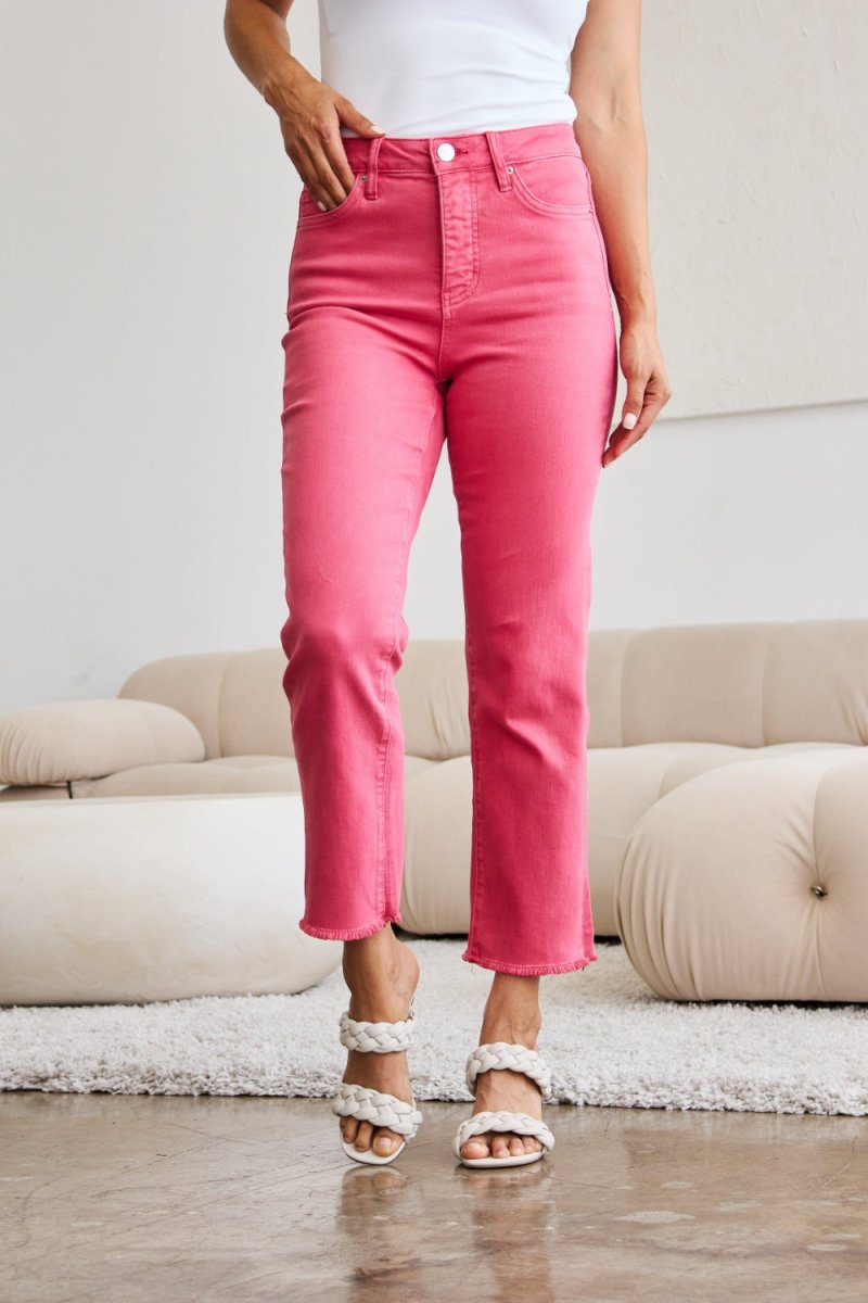 RFM Crop Dylan Full Size Tummy Control High Waist Raw Hem Jeans - Bottoms