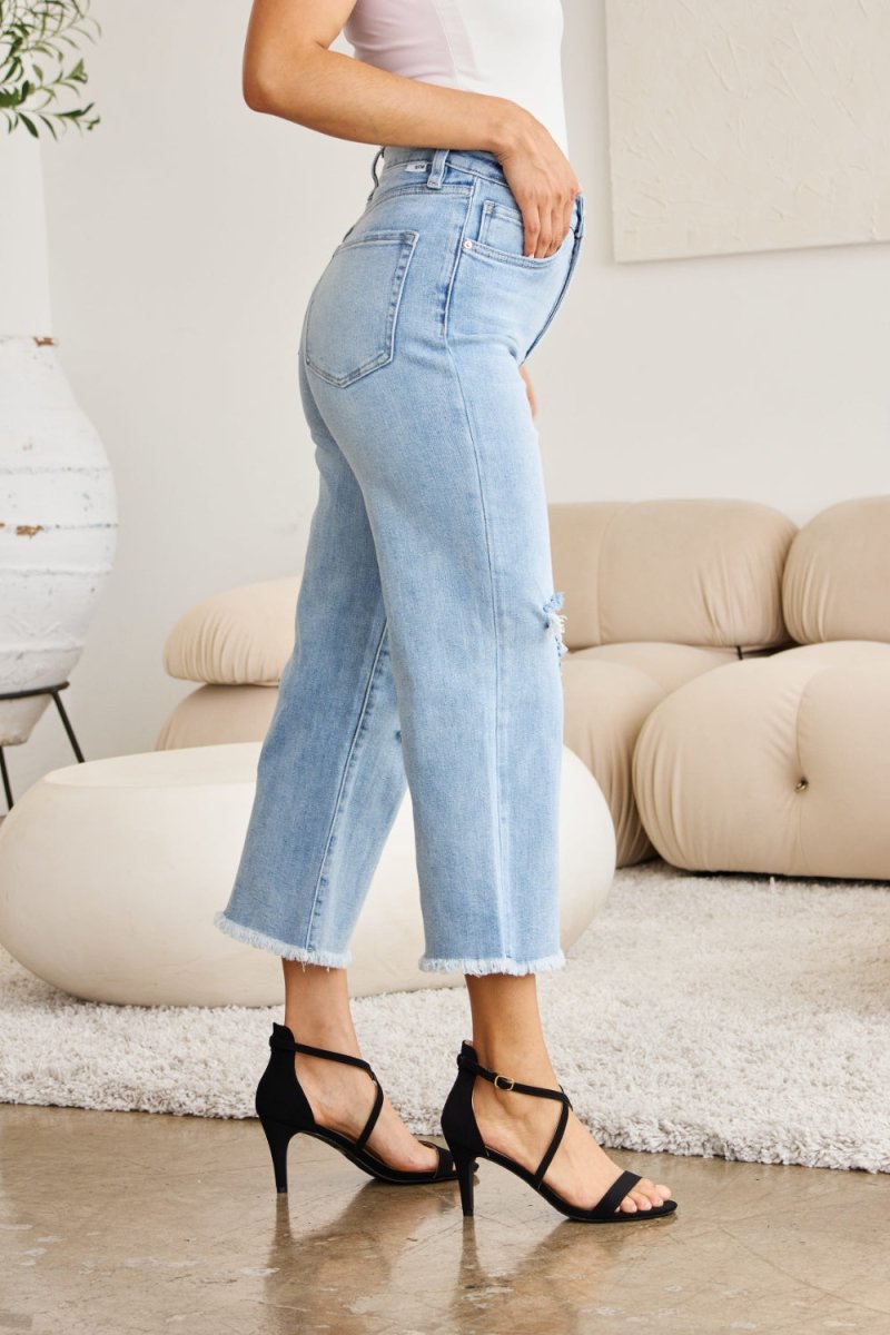 RFM Full Size Tummy Control High Waist Raw Hem Distressed Jeans - Bottoms