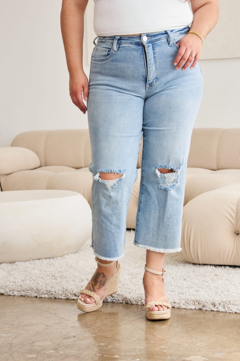 RFM Full Size Tummy Control High Waist Raw Hem Distressed Jeans - Bottoms