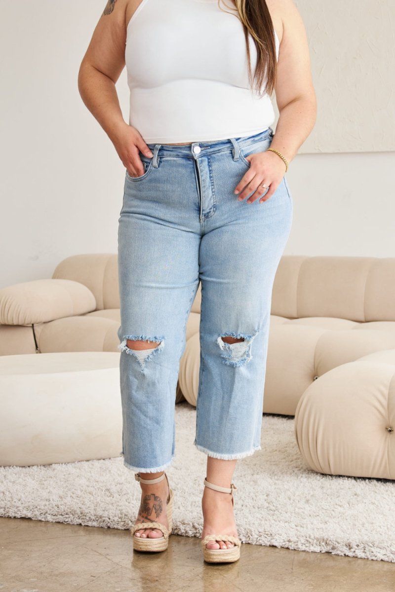RFM Full Size Tummy Control High Waist Raw Hem Distressed Jeans - Bottoms
