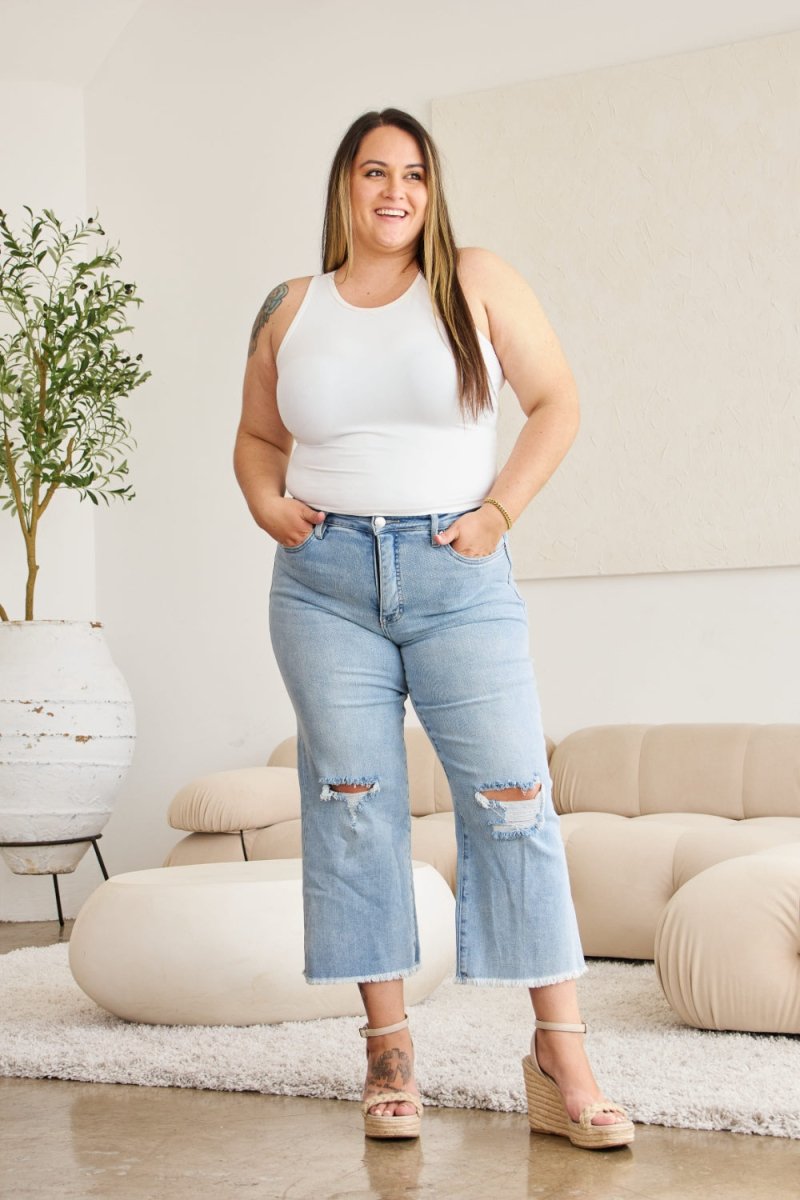 RFM Full Size Tummy Control High Waist Raw Hem Distressed Jeans - Bottoms