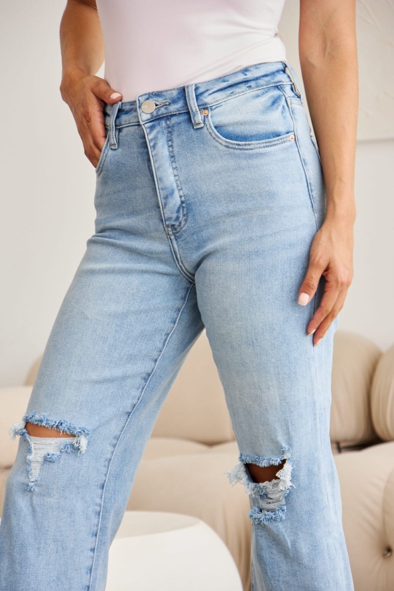 RFM Full Size Tummy Control High Waist Raw Hem Distressed Jeans - Bottoms