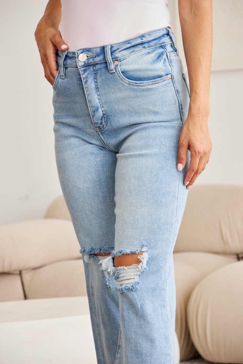 RFM Full Size Tummy Control High Waist Raw Hem Distressed Jeans - Bottoms
