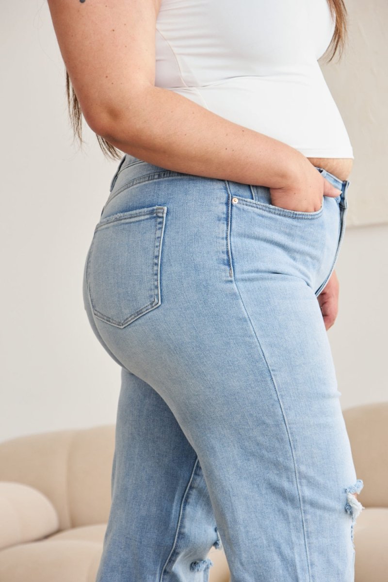 RFM Full Size Tummy Control High Waist Raw Hem Distressed Jeans - Bottoms