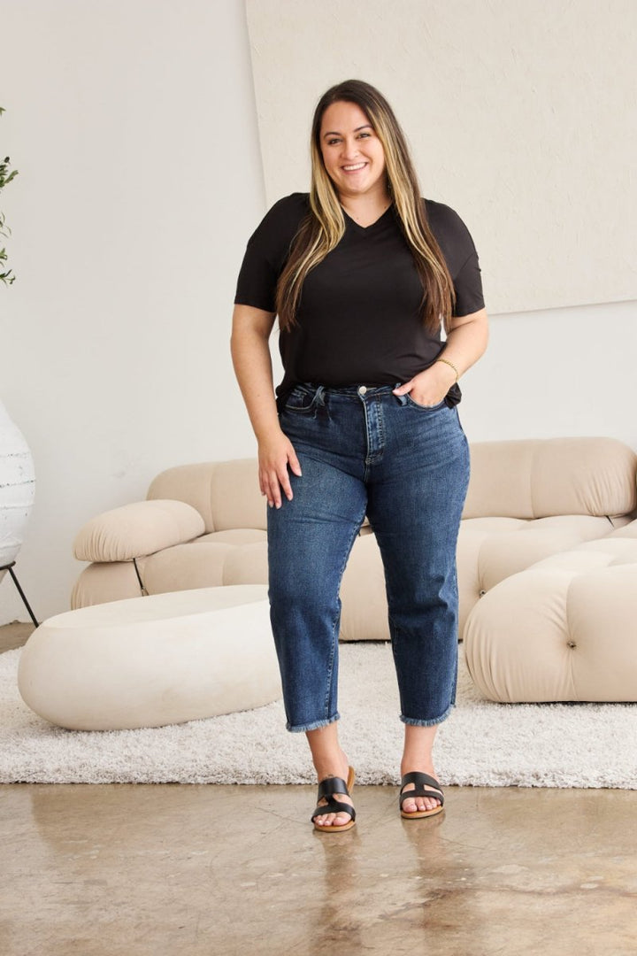 RFM Full Size Tummy Control High Waist Raw Hem Jeans - Bottoms