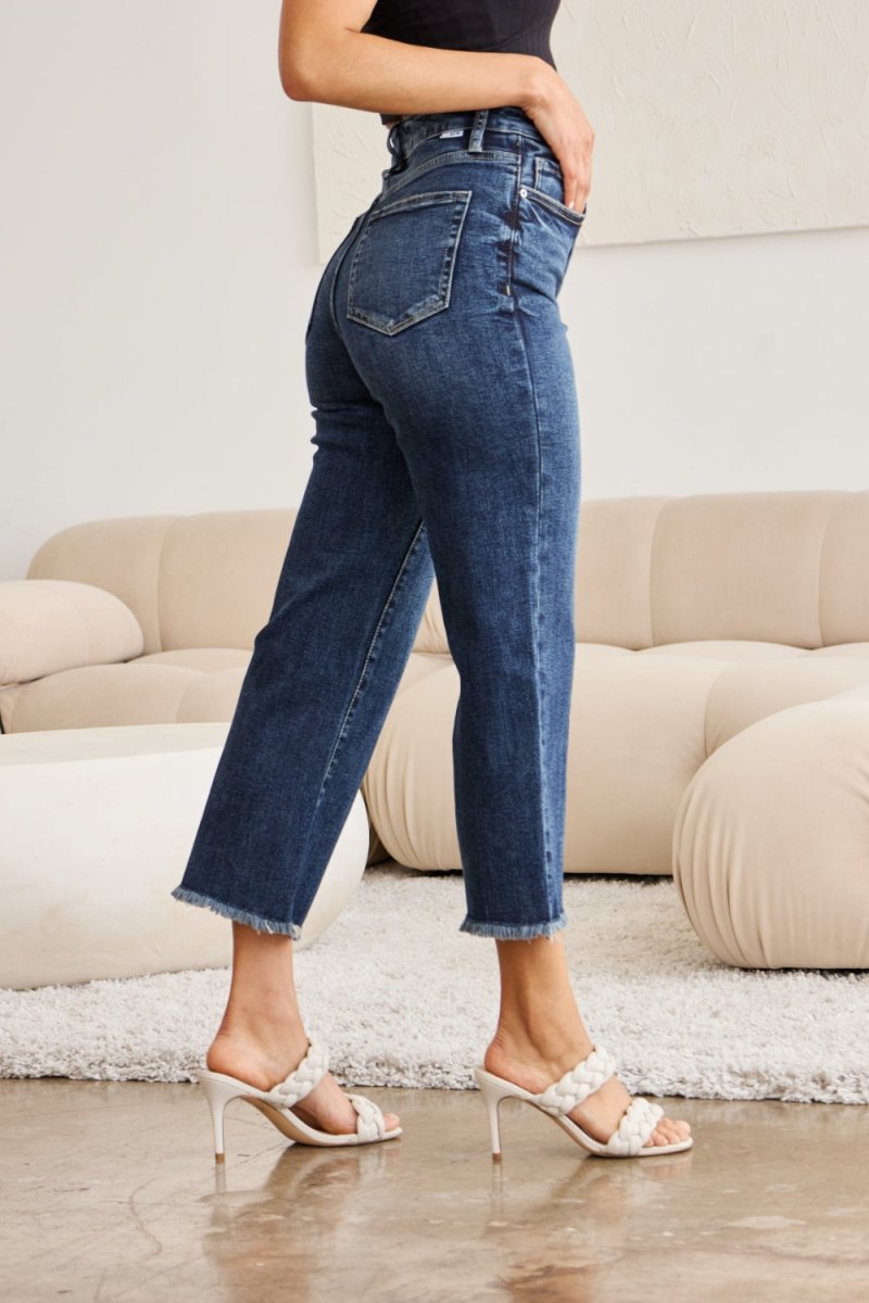 RFM Full Size Tummy Control High Waist Raw Hem Jeans - Bottoms