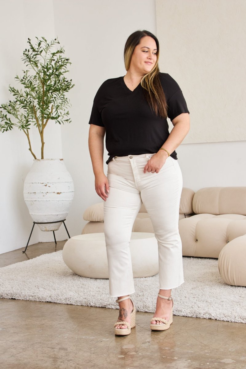 RFM Mini Mia Full Size Tummy Control High Waist Raw Hem Jeans - Bottoms