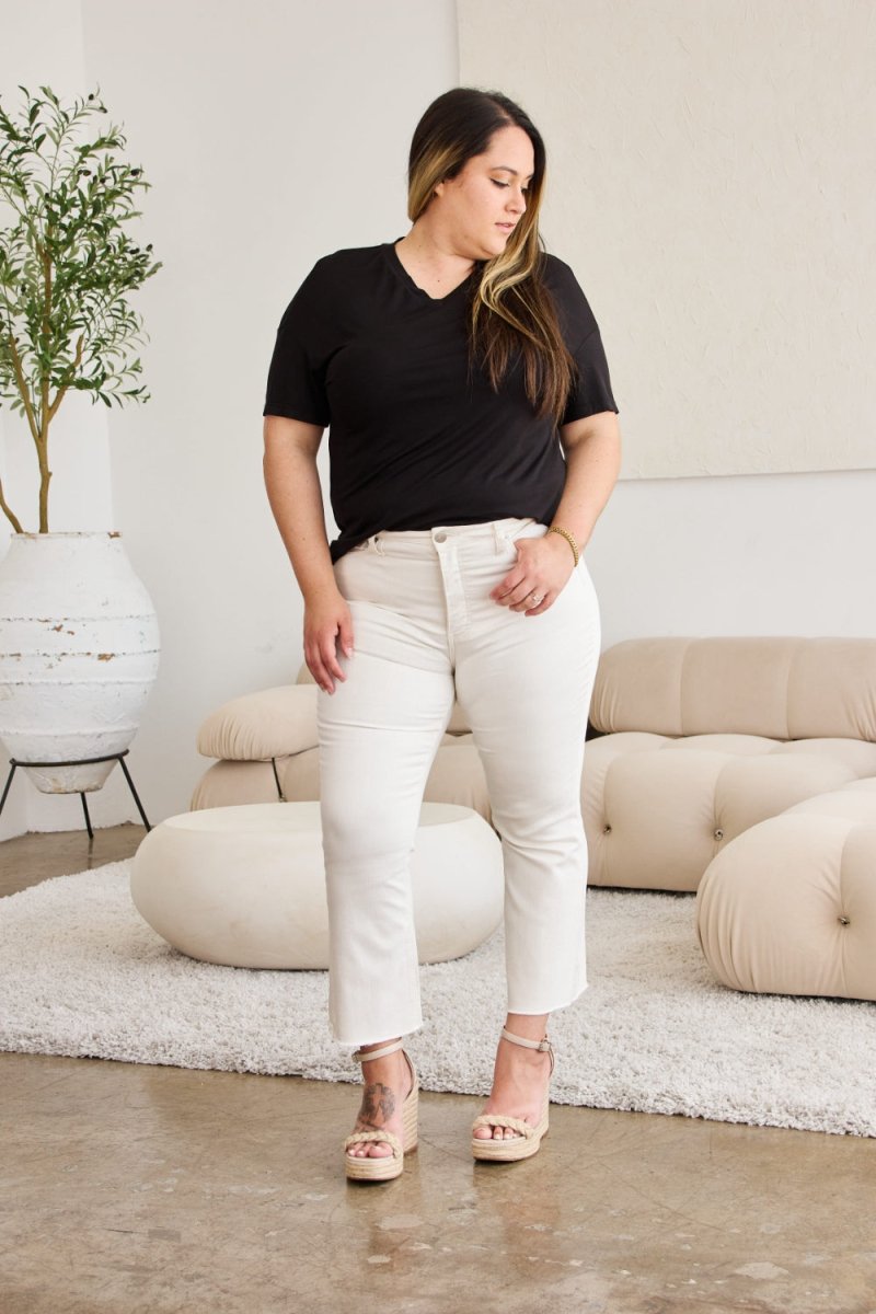 RFM Mini Mia Full Size Tummy Control High Waist Raw Hem Jeans - Bottoms