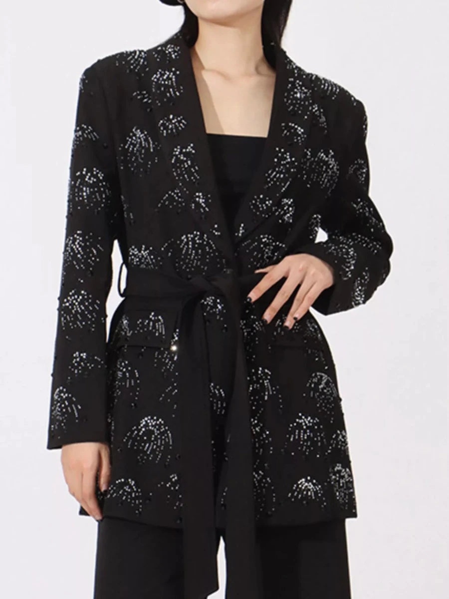 Rhinestone Button Down Long Sleeve Blazer - 