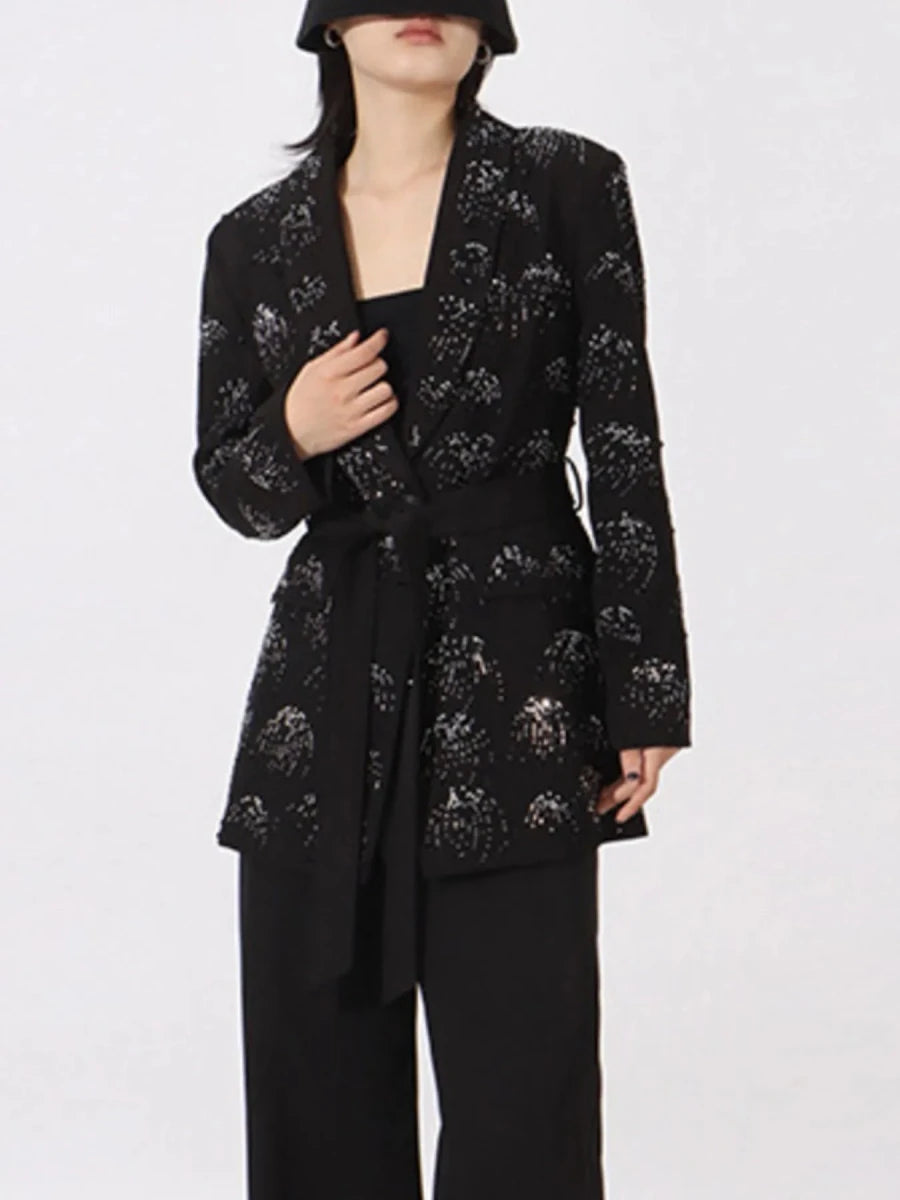 Rhinestone Button Down Long Sleeve Blazer - 