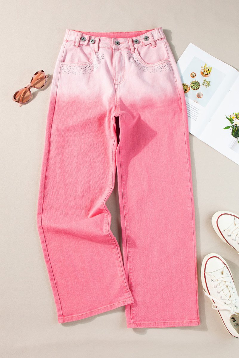 Rhinestone Gradient Straight Jeans - Bottoms