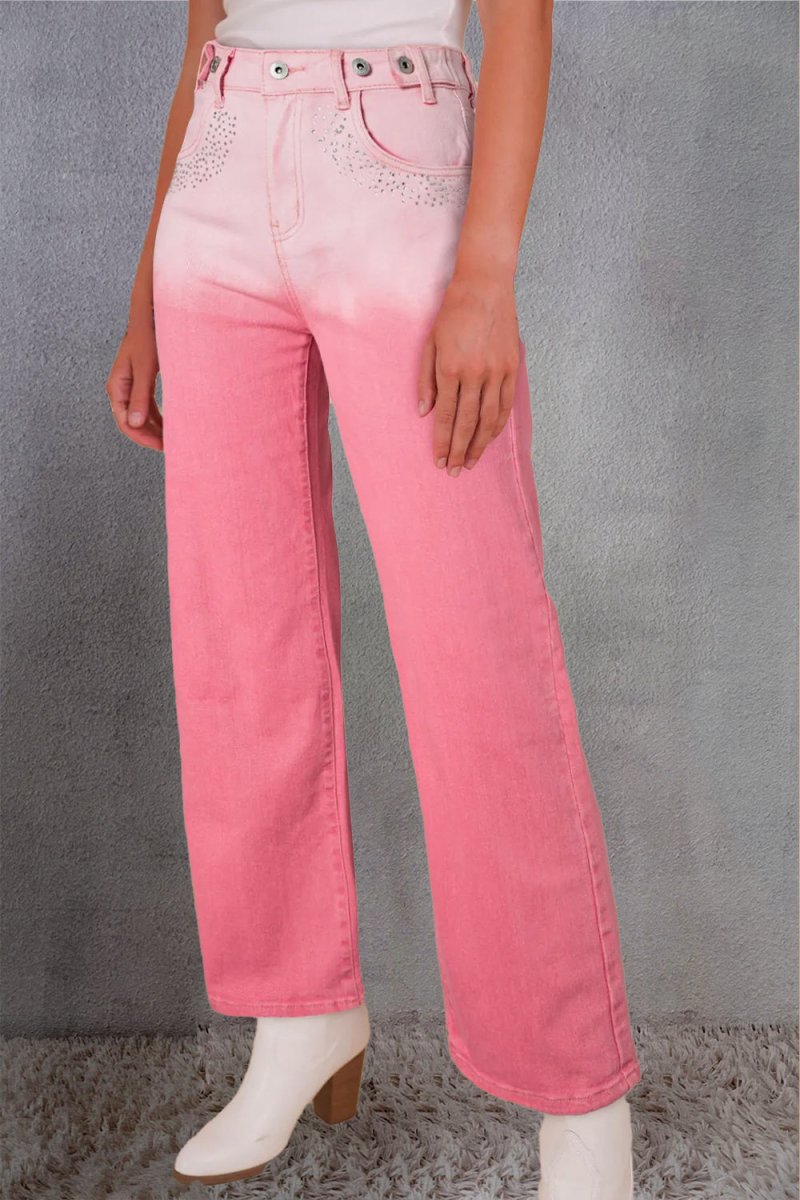 Rhinestone Gradient Straight Jeans - Bottoms