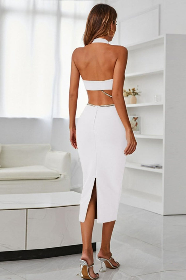Rhinestone Halter Neck Cutout Slit Midi Dress - Cocktail Dress