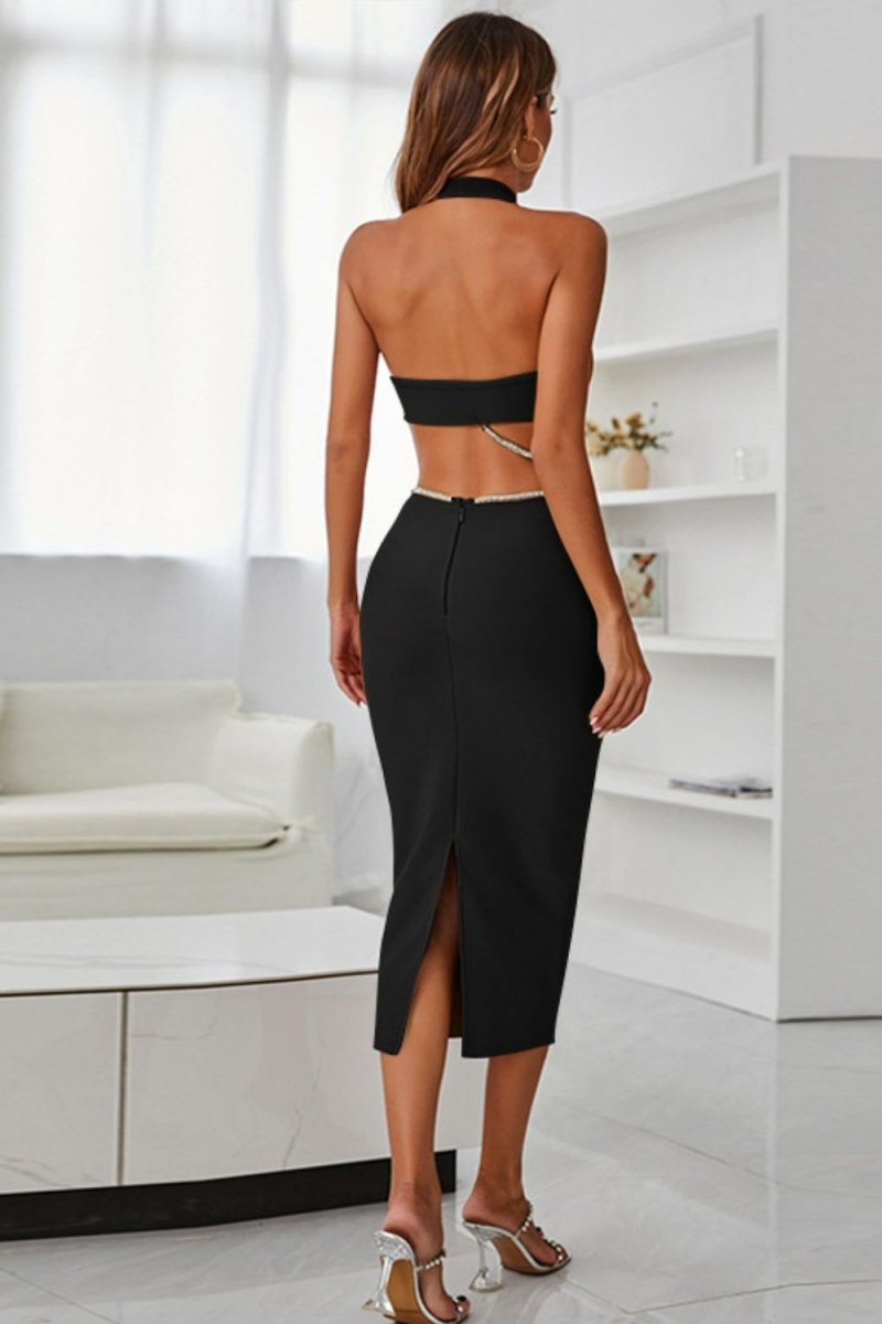 Rhinestone Halter Neck Cutout Slit Midi Dress - Cocktail Dress