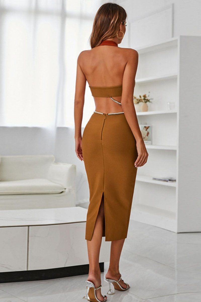 Rhinestone Halter Neck Cutout Slit Midi Dress - Cocktail Dress