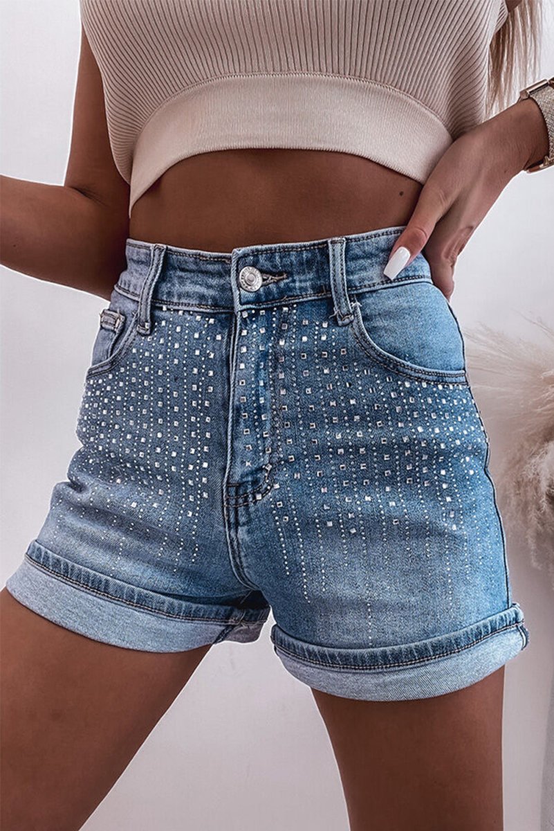 Rhinestone High Waist Denim Shorts - Bottoms