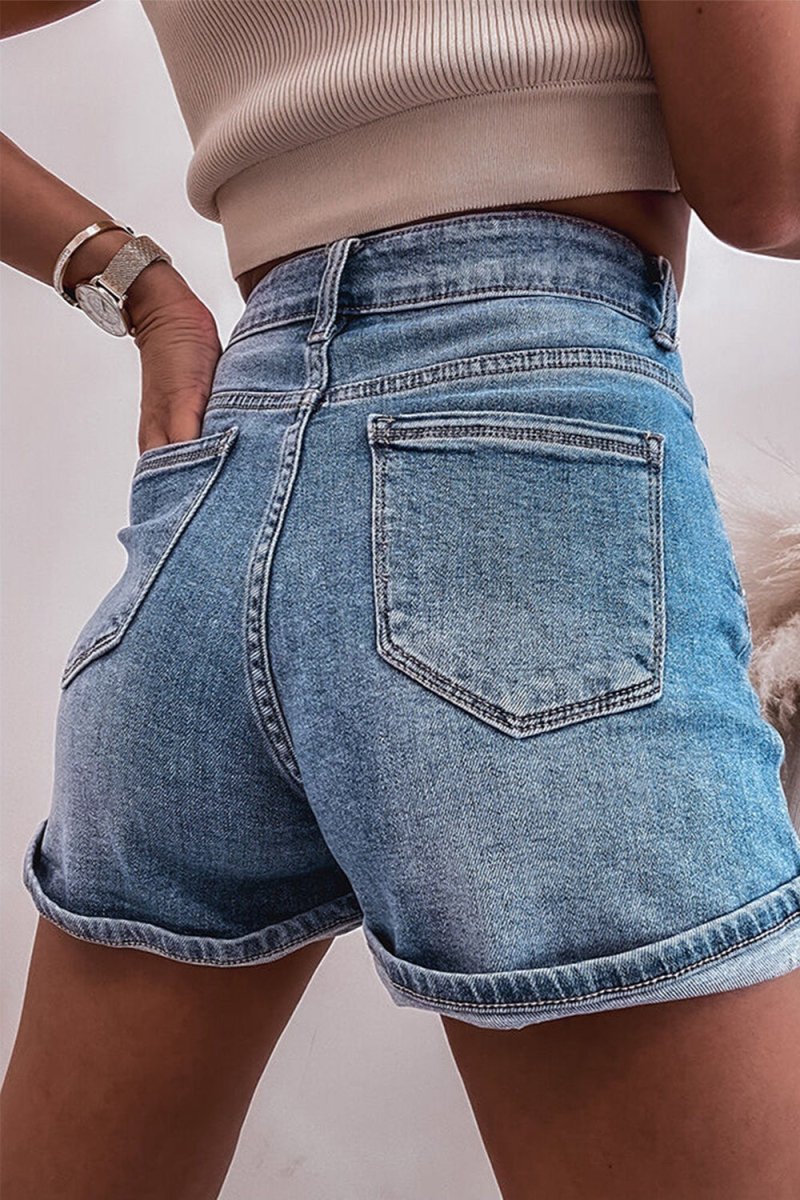 Rhinestone High Waist Denim Shorts - Bottoms