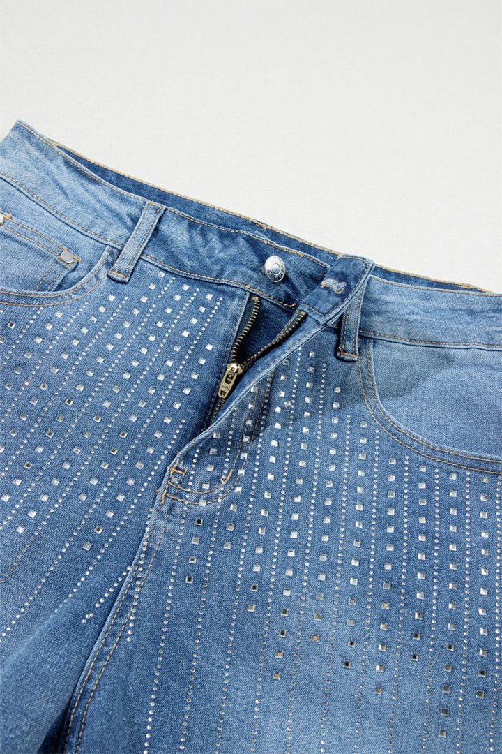 Rhinestone High Waist Denim Shorts - Bottoms