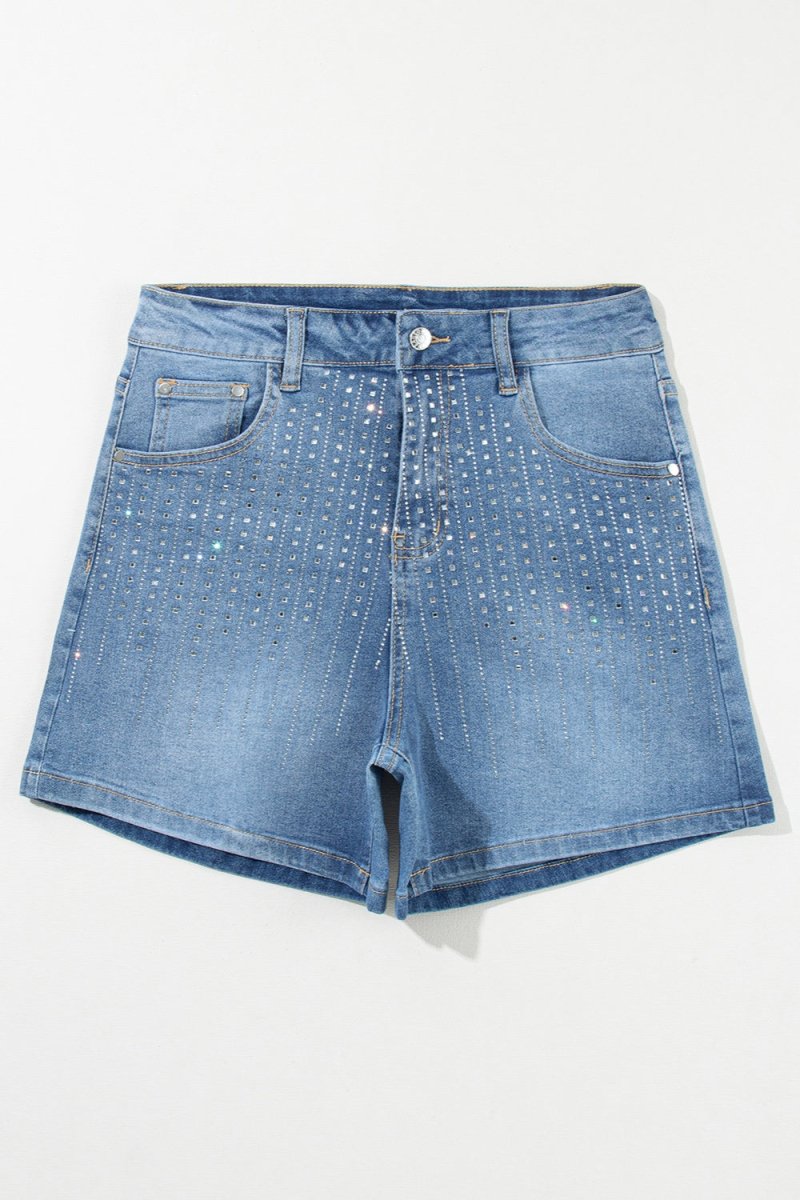 Rhinestone High Waist Denim Shorts - Bottoms