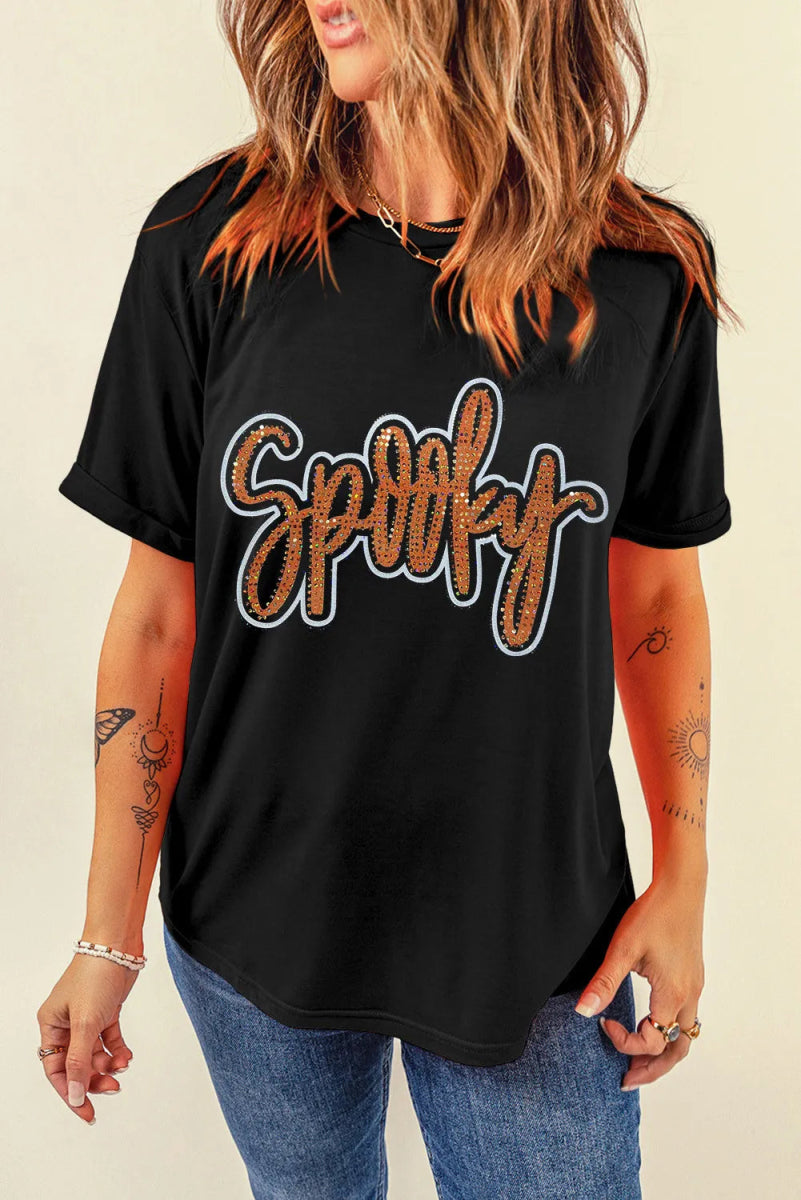 Rhinestone Letter Round Neck Short Sleeve T-Shirt - Top