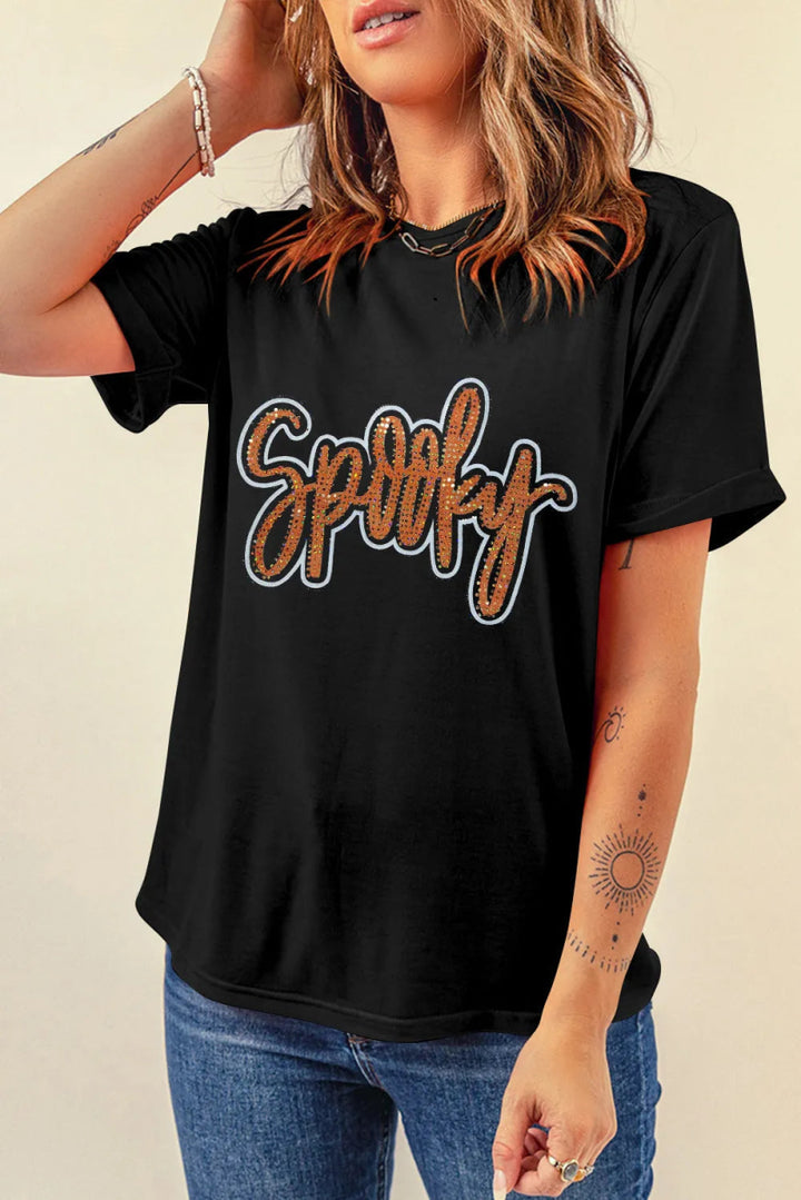 Rhinestone Letter Round Neck Short Sleeve T-Shirt - Top