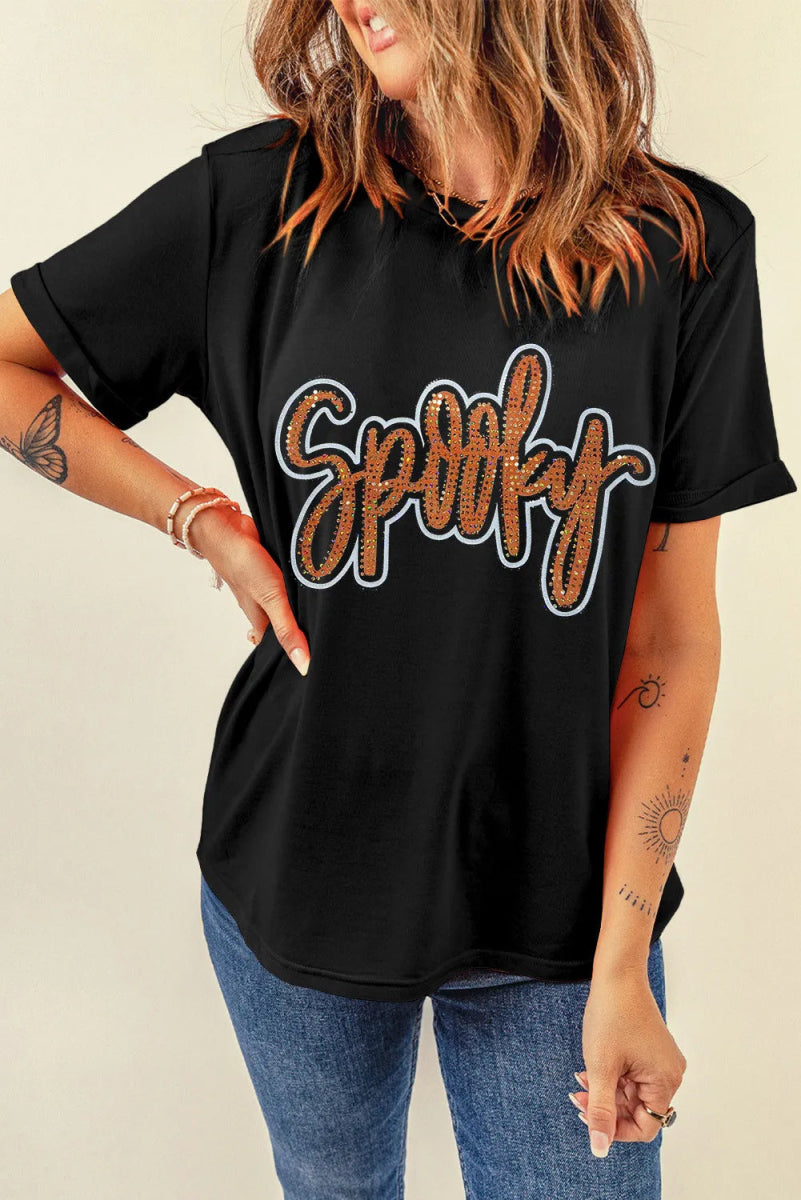 Rhinestone Letter Round Neck Short Sleeve T-Shirt - Top