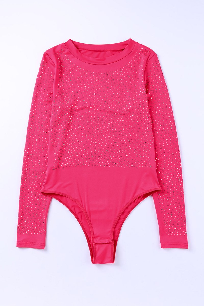 Rhinestone Round Neck Long Sleeve Bodysuit - 