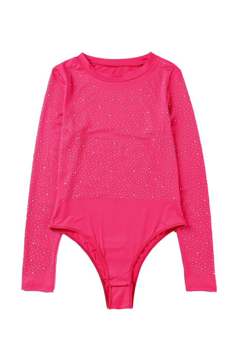Rhinestone Round Neck Long Sleeve Bodysuit - 