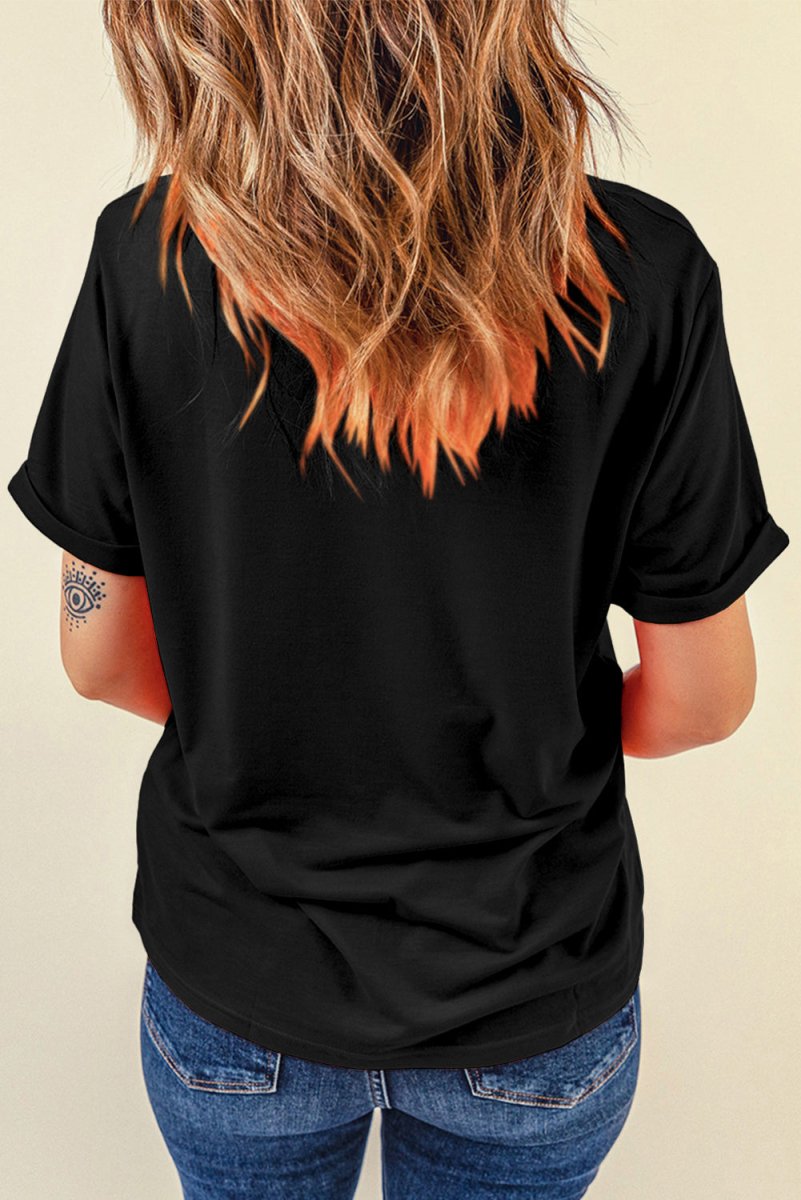 Rhinestone Round Neck Short Sleeve T-Shirt - Top