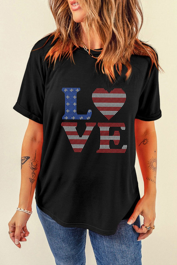 Rhinestone Round Neck Short Sleeve T-Shirt - Top