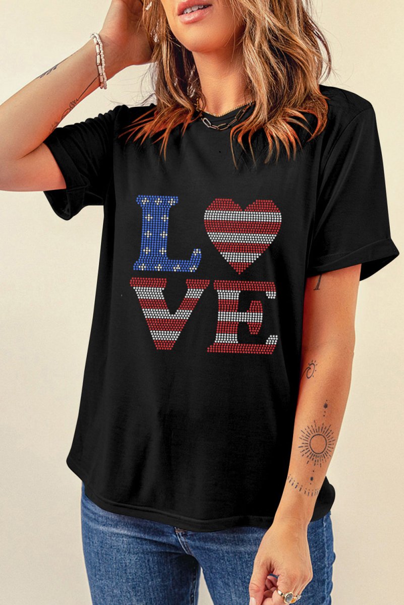 Rhinestone Round Neck Short Sleeve T-Shirt - Top