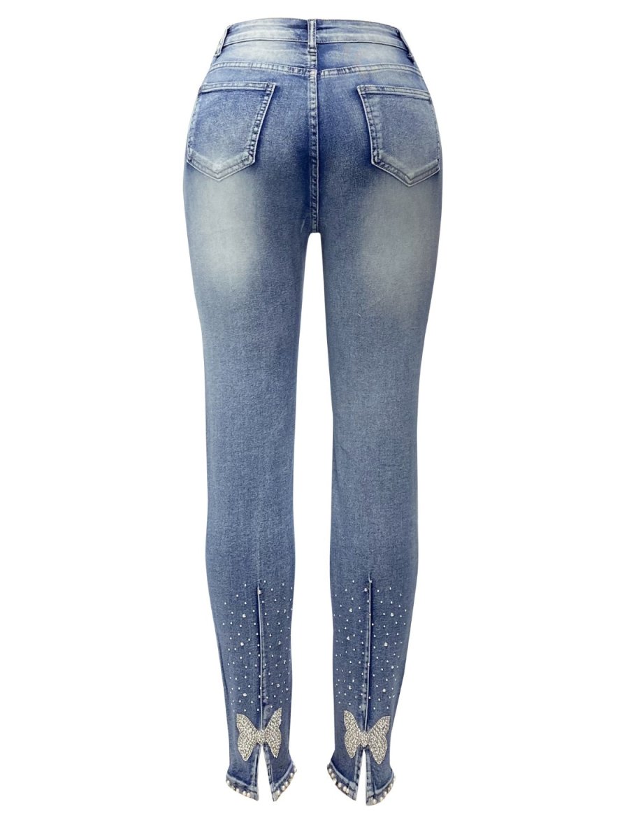 Rhinestone Skinny Jeans with Pockets - Bottoms