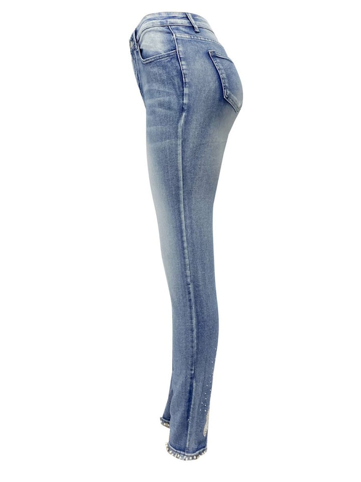 Rhinestone Skinny Jeans with Pockets - Bottoms