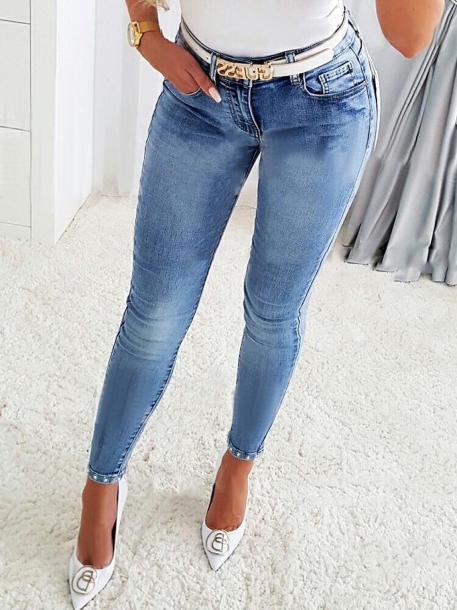 Rhinestone Skinny Jeans with Pockets - Bottoms