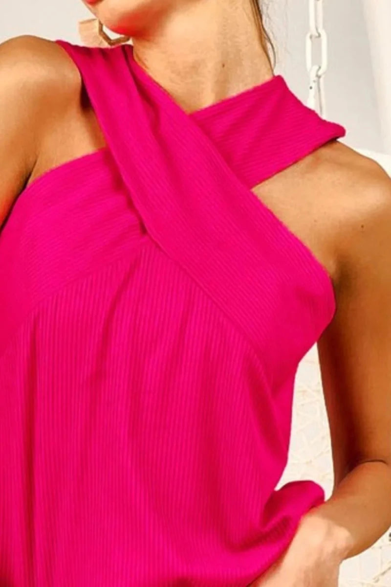 Rib Knit Cross Neck Banded Top - 