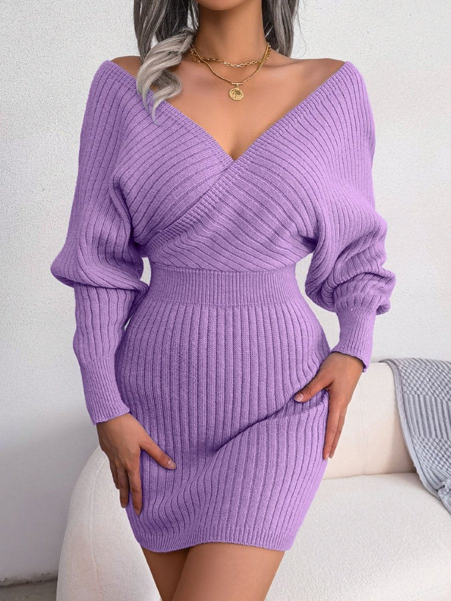 Rib - Knit Dolman Sleeve Sweater Dress - Sweater Dress