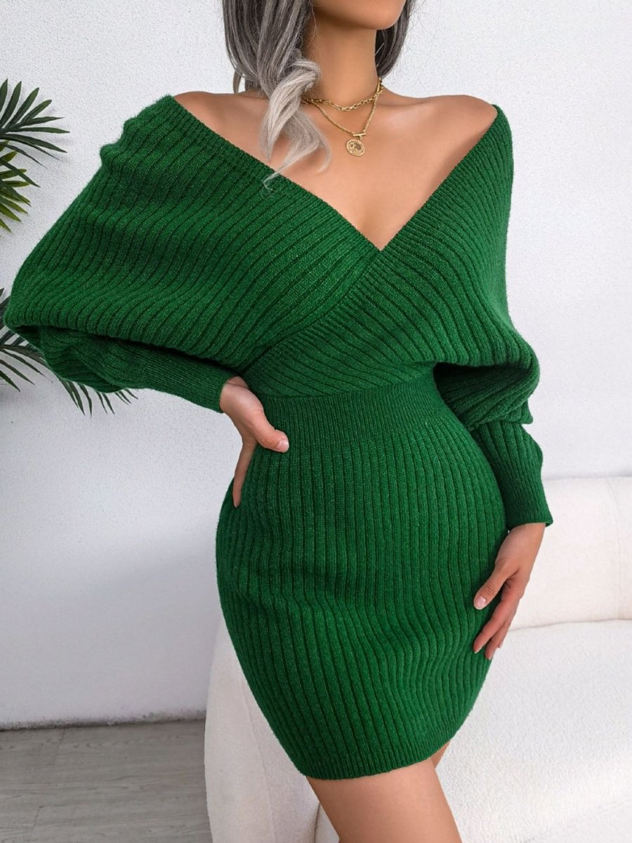 Rib - Knit Dolman Sleeve Sweater Dress - Sweater Dress