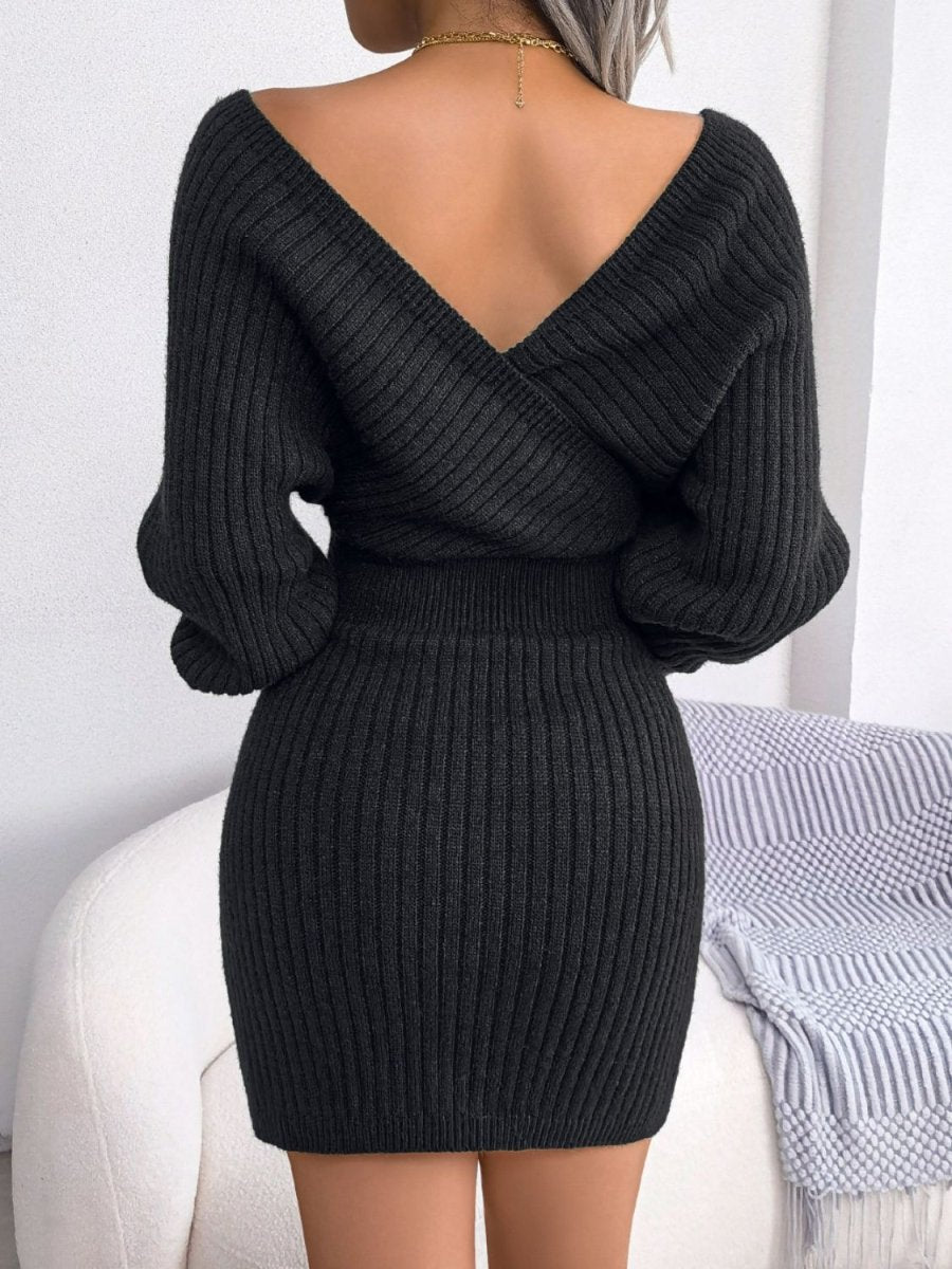 Rib - Knit Dolman Sleeve Sweater Dress - Sweater Dress