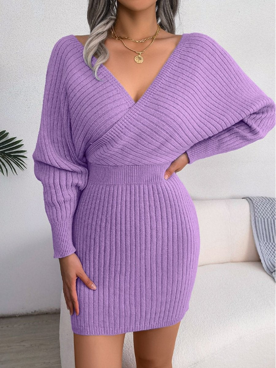 Rib - Knit Dolman Sleeve Sweater Dress - Sweater Dress