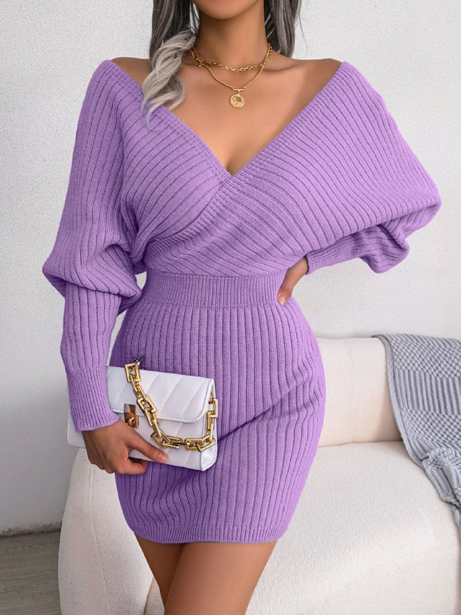 Rib - Knit Dolman Sleeve Sweater Dress - Sweater Dress