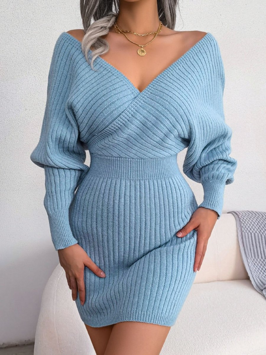 Rib - Knit Dolman Sleeve Sweater Dress - Sweater Dress