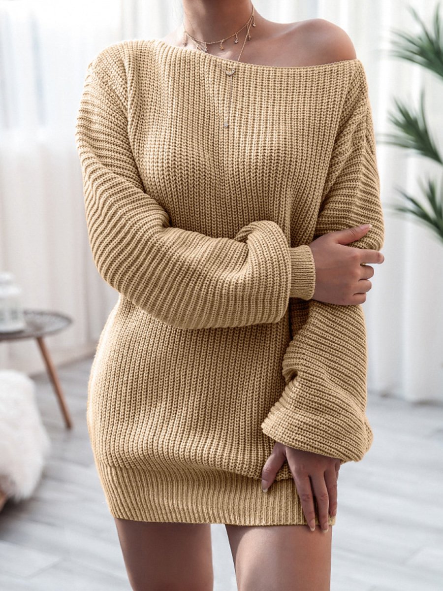 Rib - Knit Mini Sweater Dress - Sweater Dress