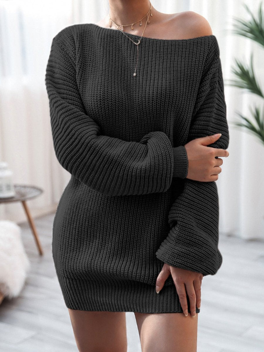 Rib - Knit Mini Sweater Dress - Sweater Dress
