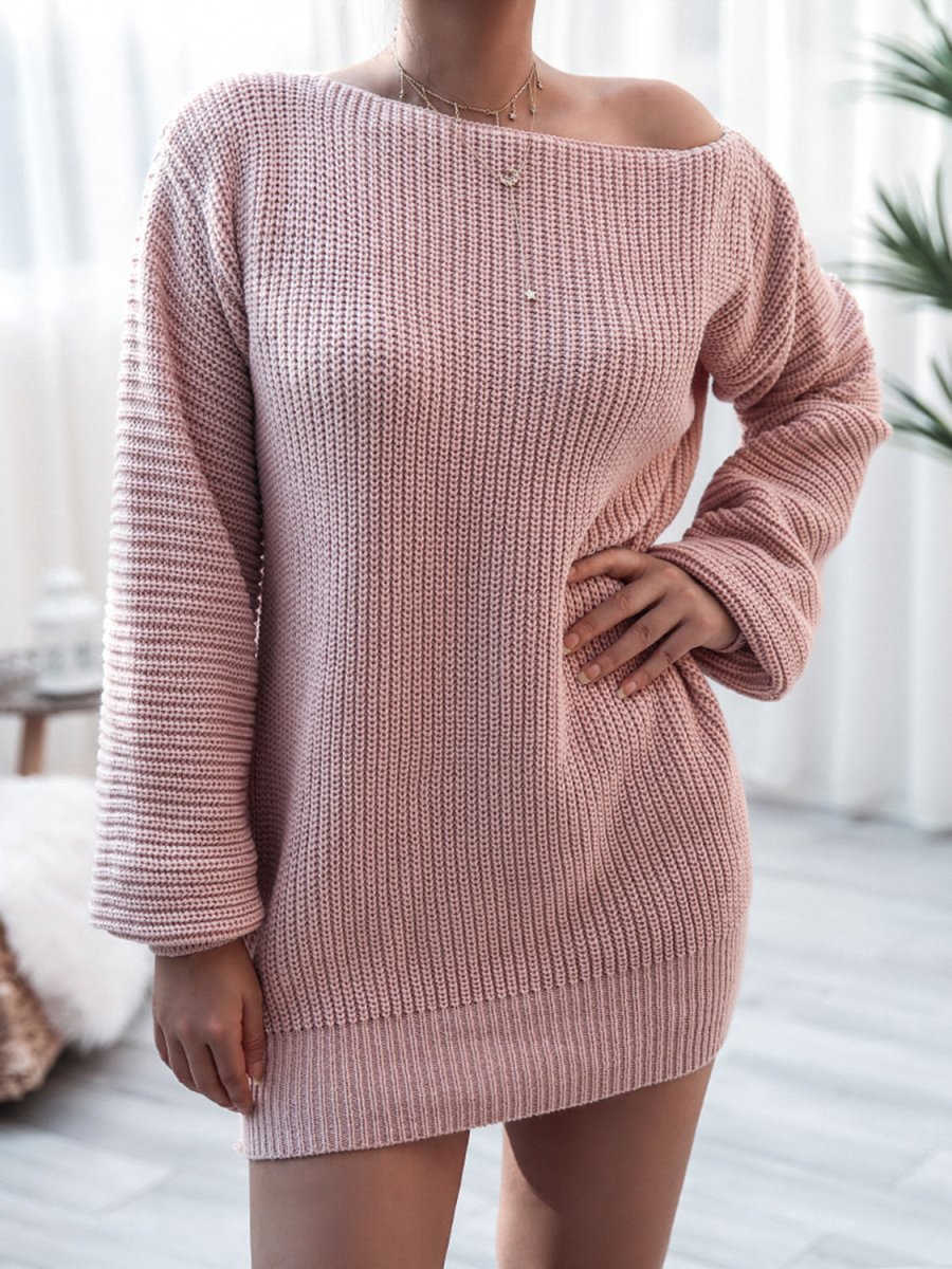 Rib - Knit Mini Sweater Dress - Sweater Dress